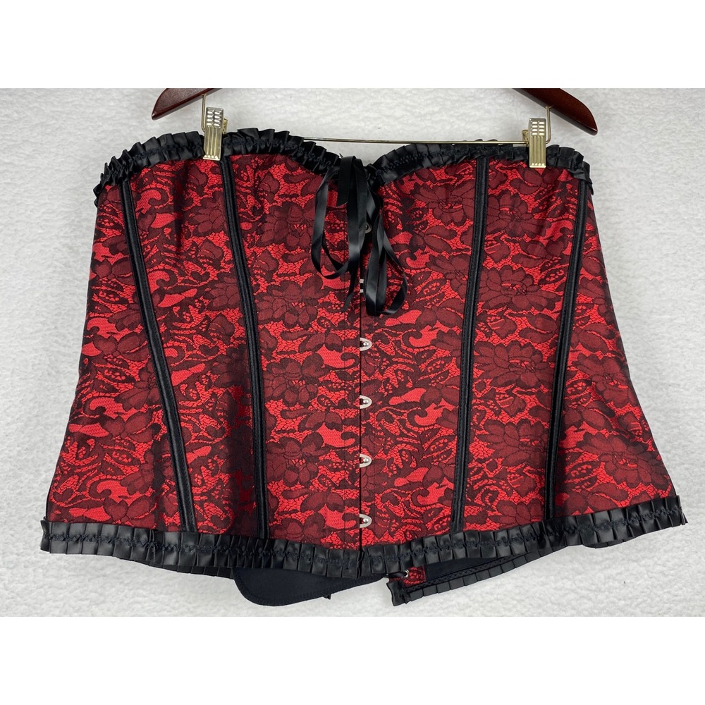 Red Black Floral Lace Boned Corset‎ Top Gothic Steampunk Lace Up Back XL-2XL